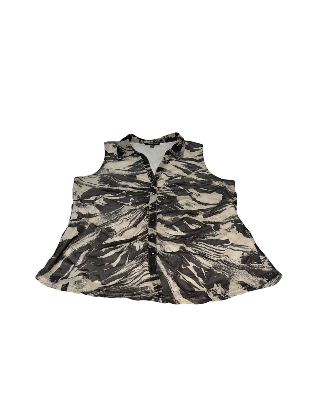 Women’s Sleeveless Black and Cream Abstract Print Button Down Blouse Size XL